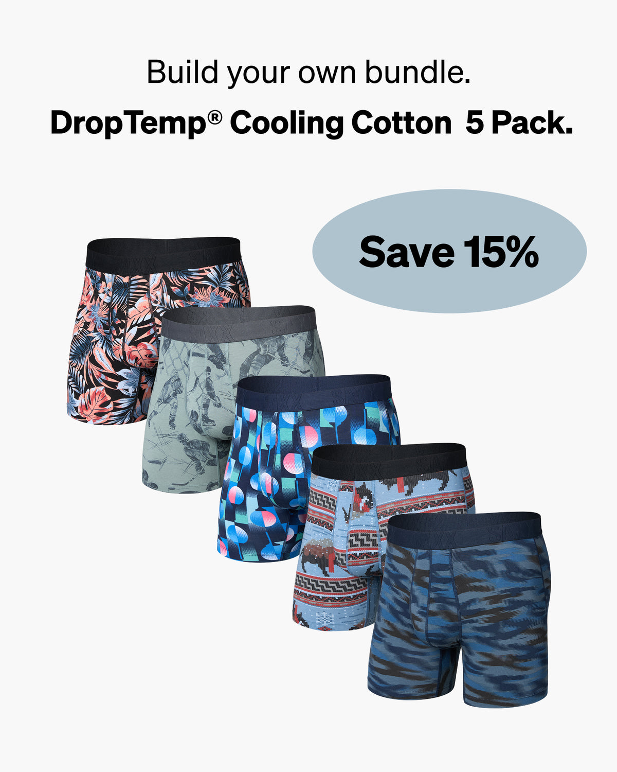 Five pairs of DropTemp Cooling Cotton boxer briefs with various patterns on a white background. Save 15%