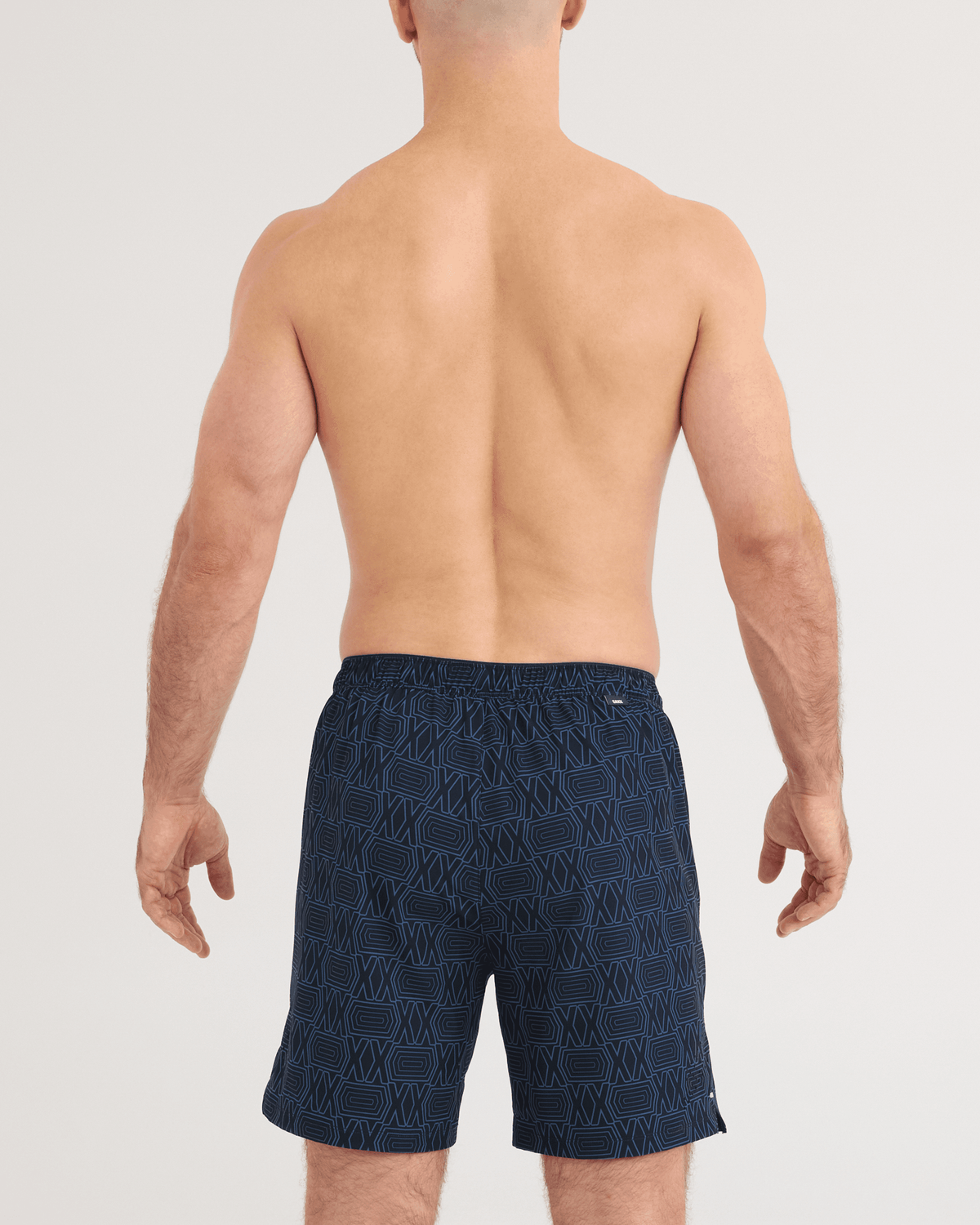 Back - Model wearing Power Moves 2N1 Shorts 7" in DeluXX-Washed Indigo