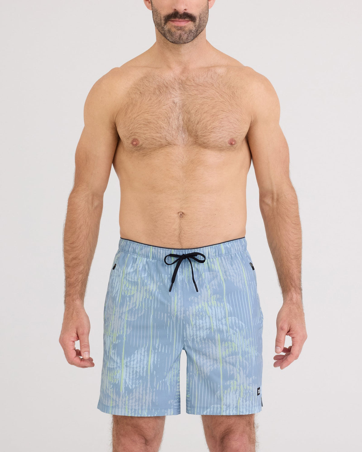 Front - Model wearing Power Moves Short 7" in Palm Screen-Faded Denim