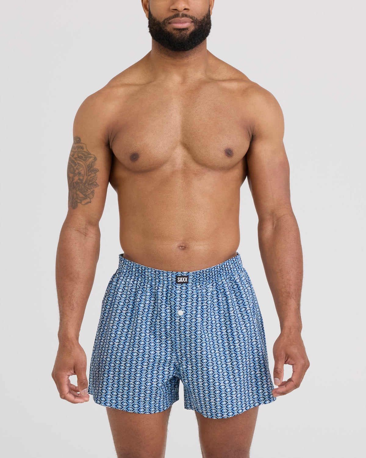 Front - Model wearing 24Seven Cotton Boxer Short in Martini Geo-Aquifer