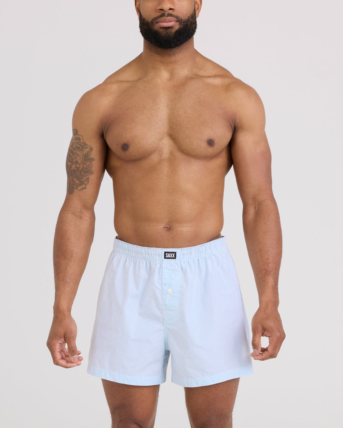 Front - Model wearing 24Seven Cotton Boxer Short in Mini Oxford Stripe-Chambray