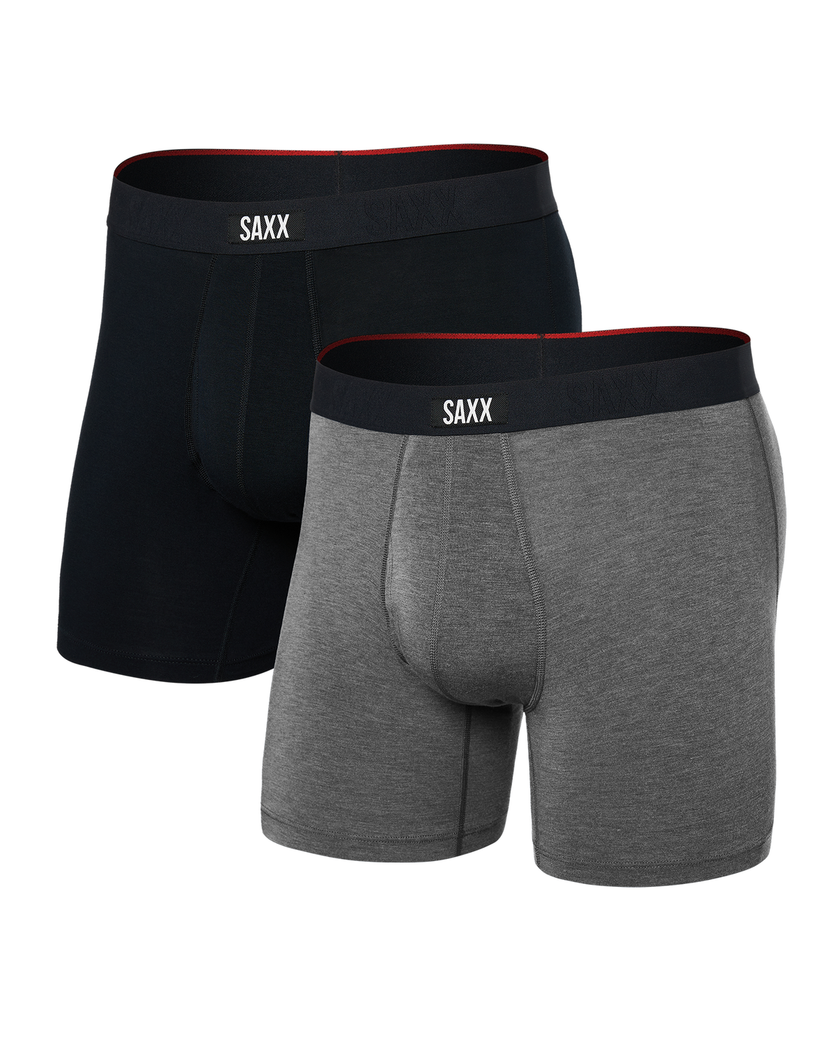Front of Vibe Xtra Boxer Brief Fly 2 Pack in Black/Dark Grey Heather