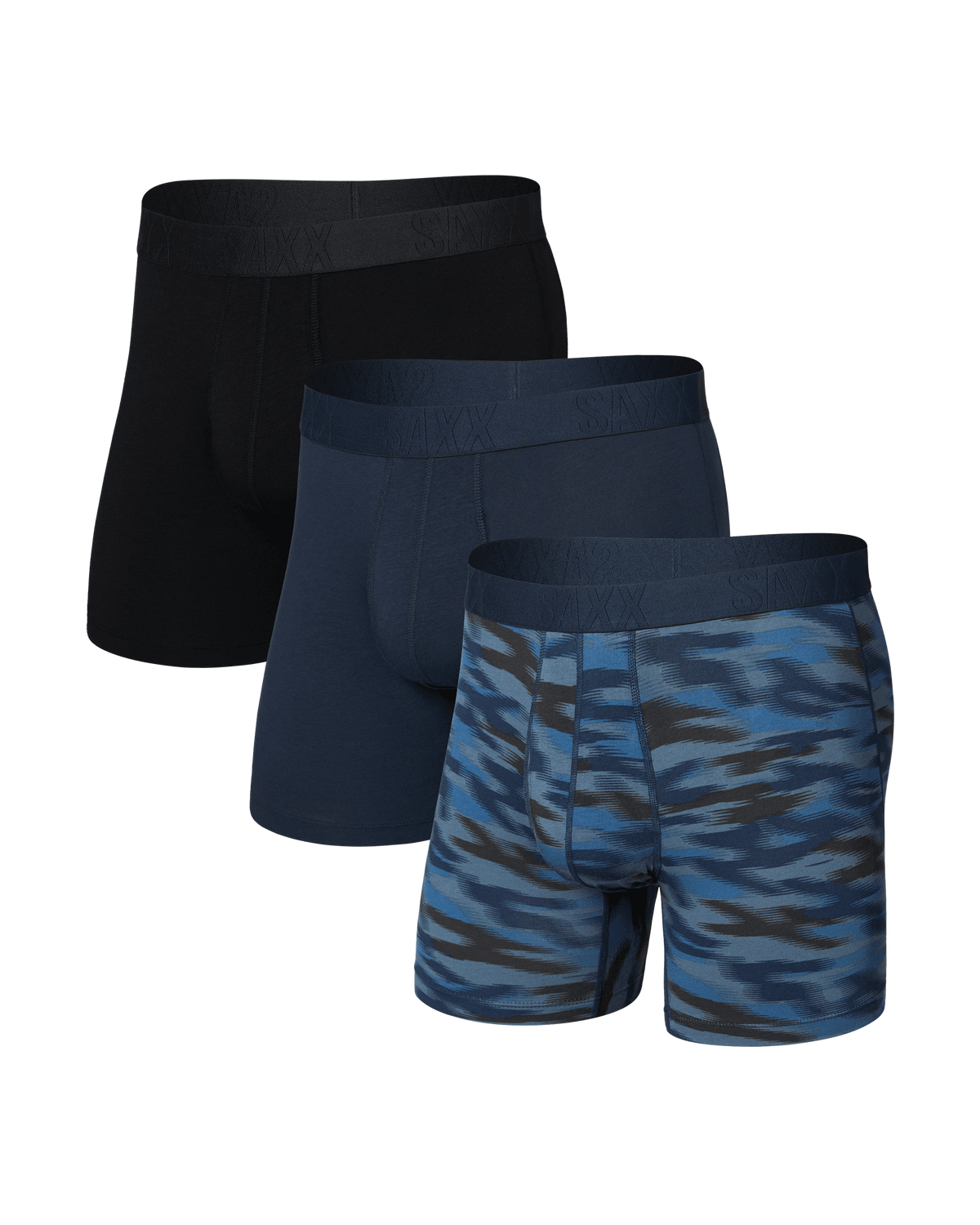Front of DropTemp Cooling Cotton Boxer Brief 3 Pack in Swift Camo/Dark Ink/Black