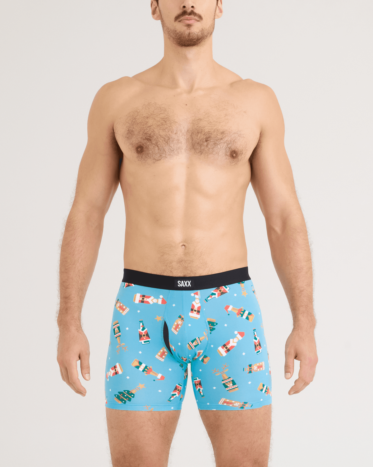 Front - Model wearing Daytripper Comfort Stretch Boxer Brief in Cheers To Beers-Blue Tide