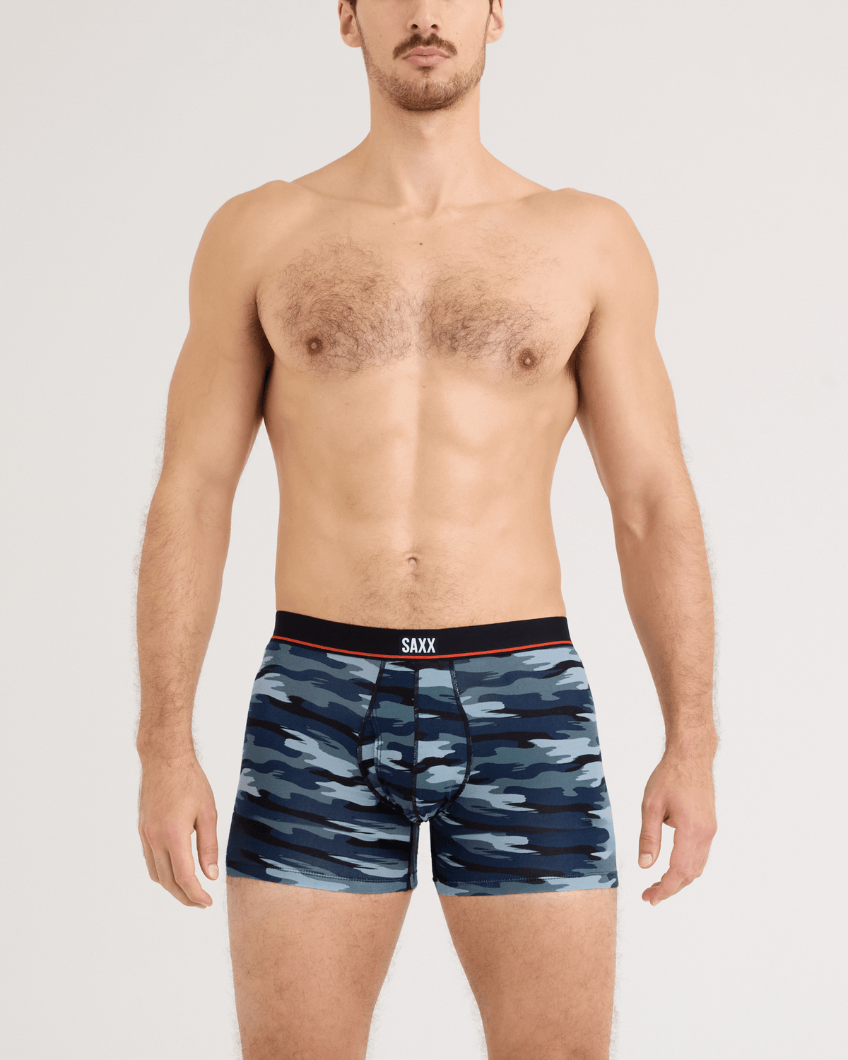 Front - Model wearing Non-Stop Stretch Cotton Boxer Brief Fly in Analog Wave Camo-Multi