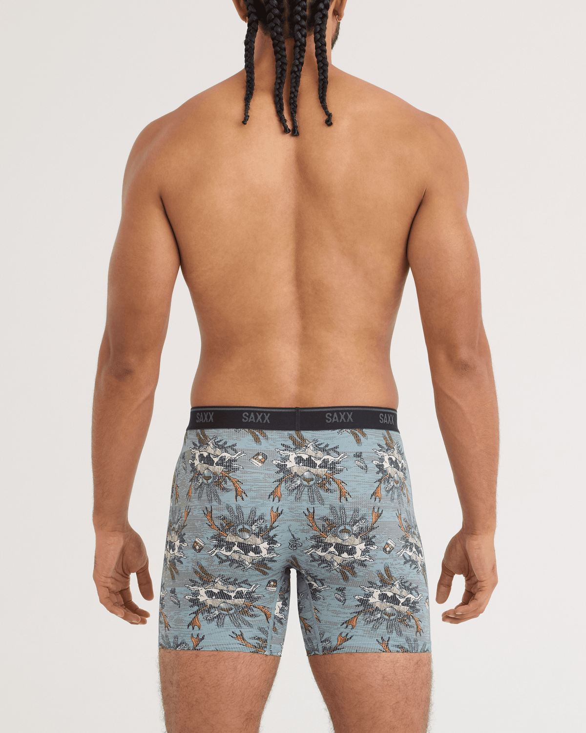 Back - Model wearing Quest Quick-Dry Mesh Boxer Brief in Hunting Lodge-Silver Pine