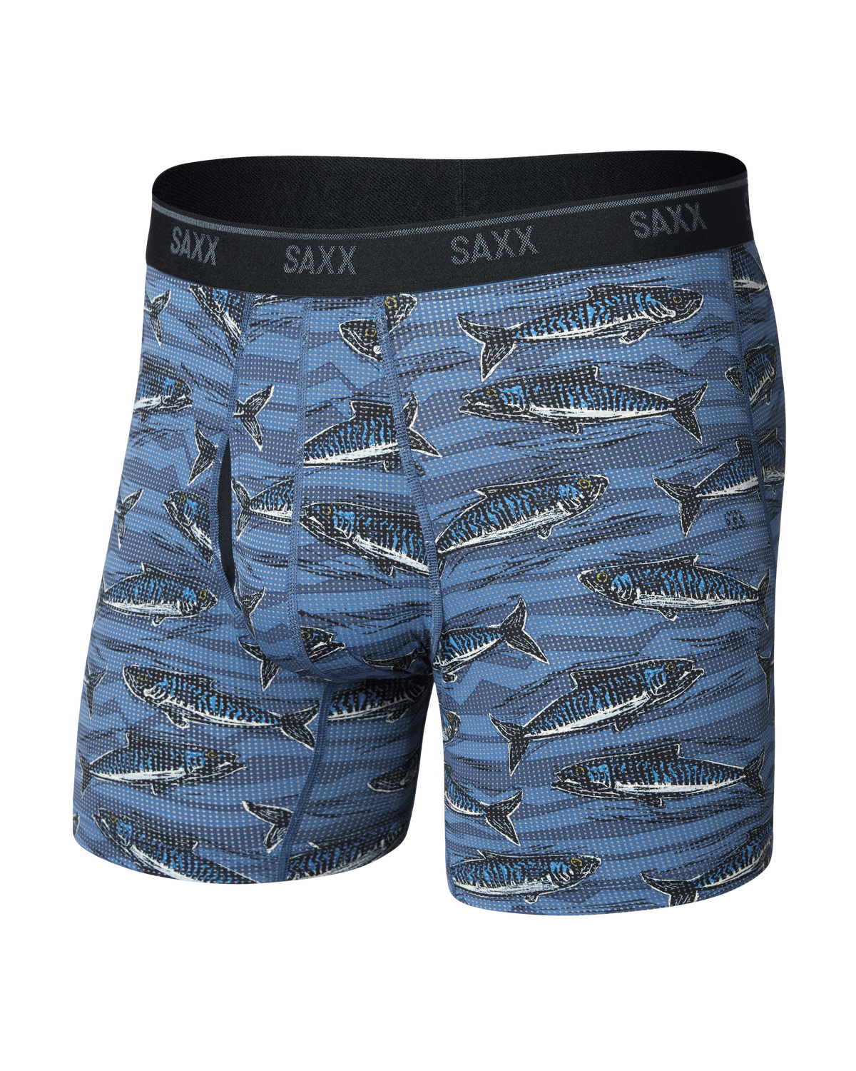 Front of Quest Quick-Dry Mesh Boxer Brief in Holy Mackrel-Washed Indigo