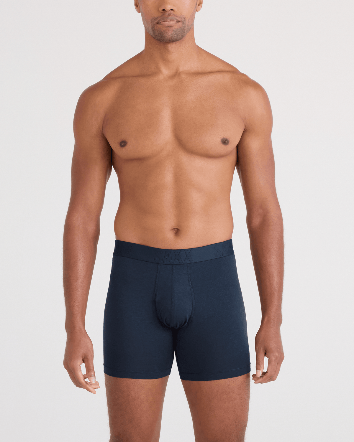Front - Model wearing DropTemp Cooling Cotton Boxer Brief Fly in Dark Ink