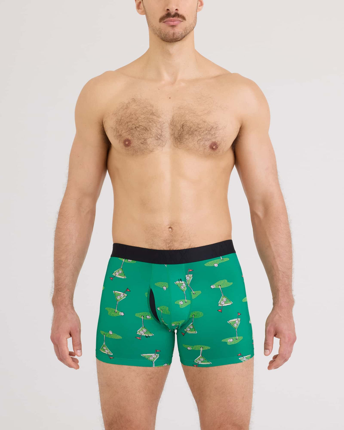 Front - Model wearing Droptemp Cooling Cotton Boxer Brief Fly in Golf Martini-Lush Meadow