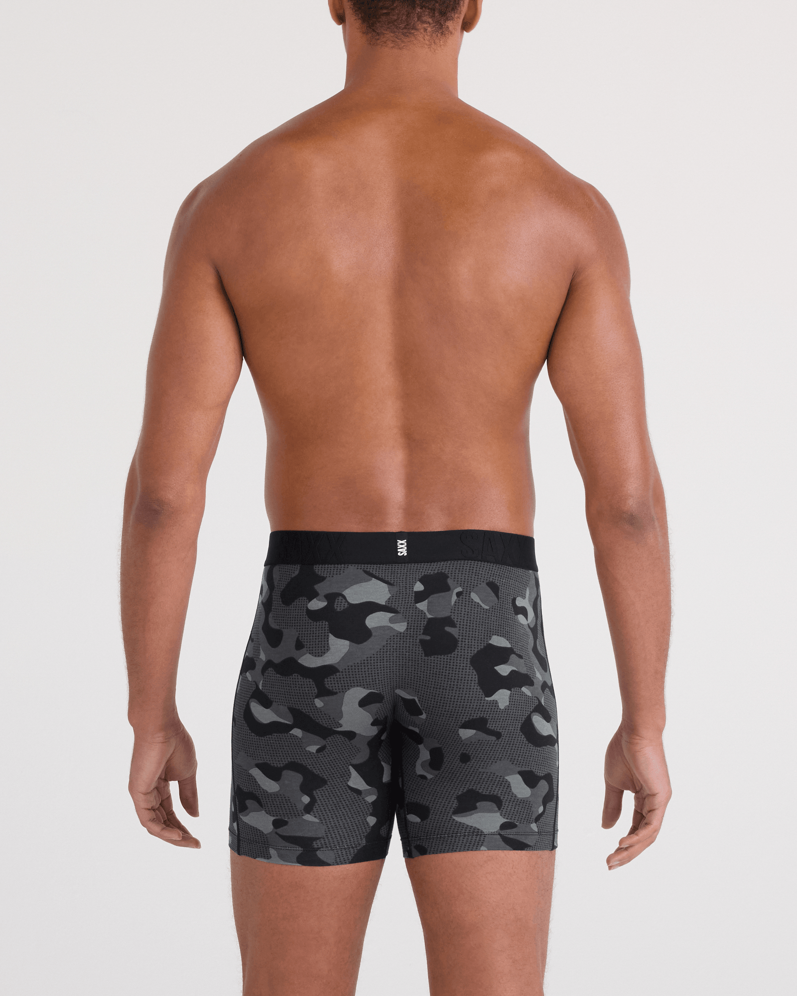 Back - Model wearing DropTemp Cooling Cotton Boxer Brief Fly in Pebble Camo-Graphite