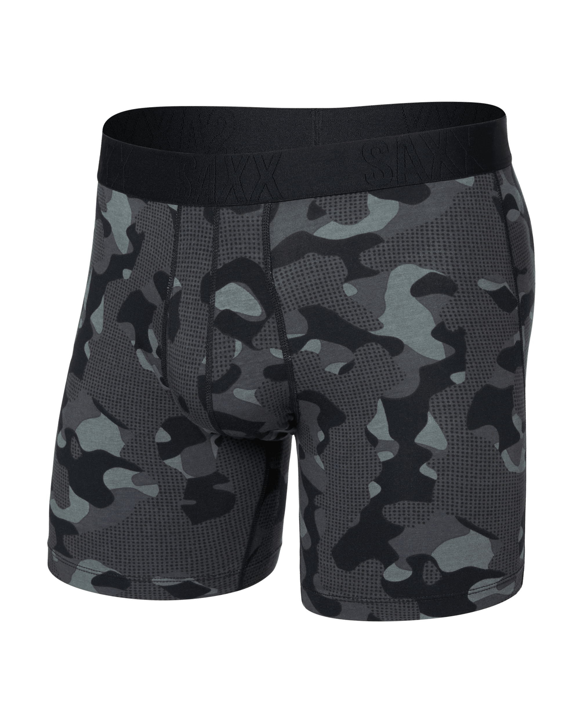 Front of DropTemp Cooling Cotton Boxer Brief Fly in Pebble Camo-Graphite