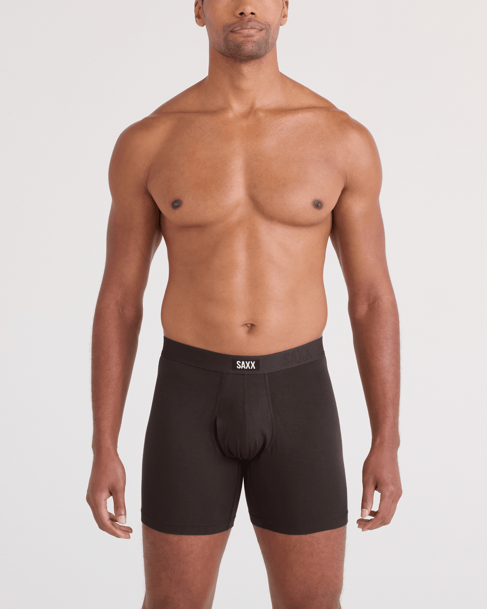 Front - Model wearing Vibe Xtra Soft Comfort Boxer Brief Fly 3 Pack in Seascape/Indigo/Dark Chocolate