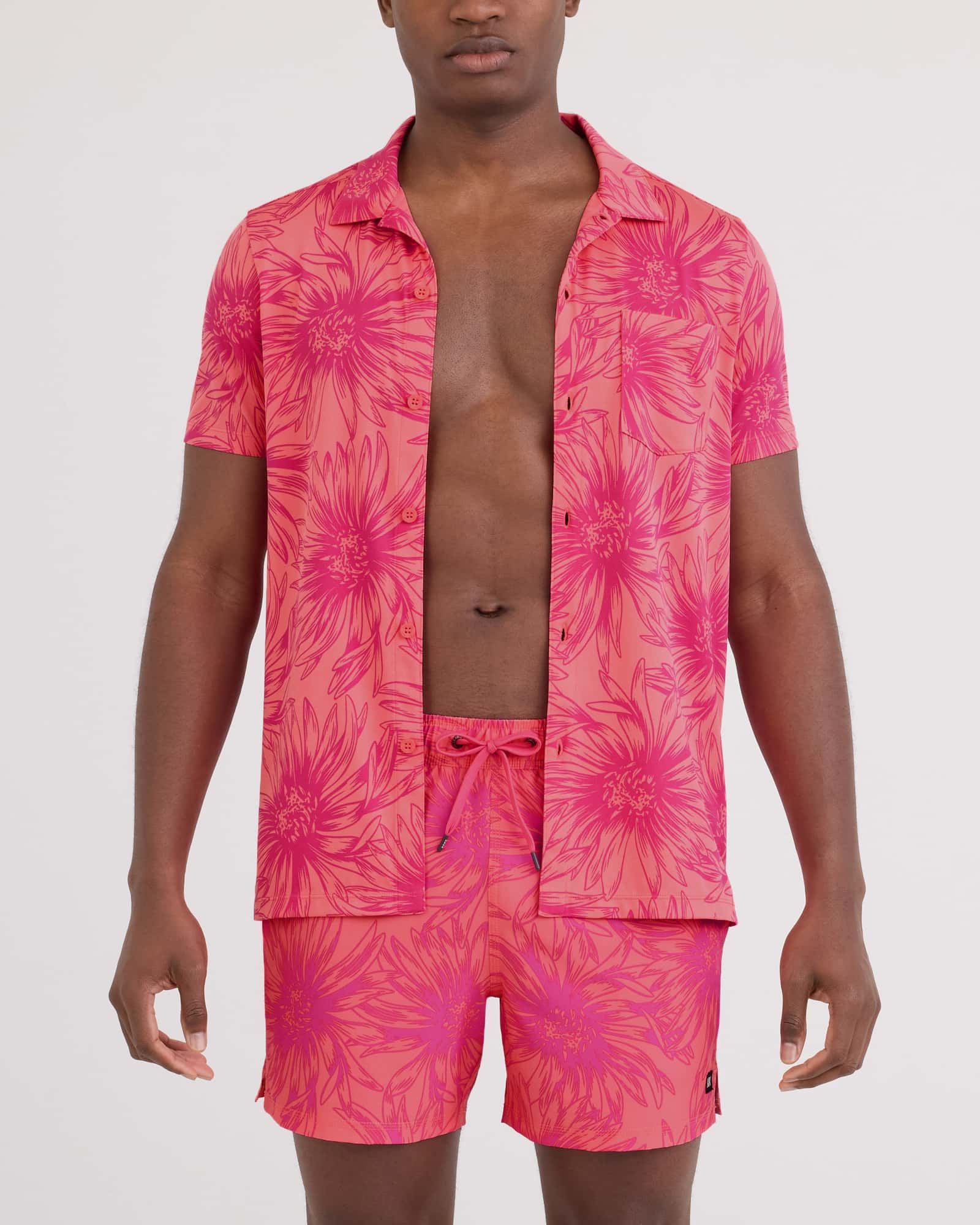 Front - Model wearing Droptemp Dry Resort Polo in Big Daisy-Gumball