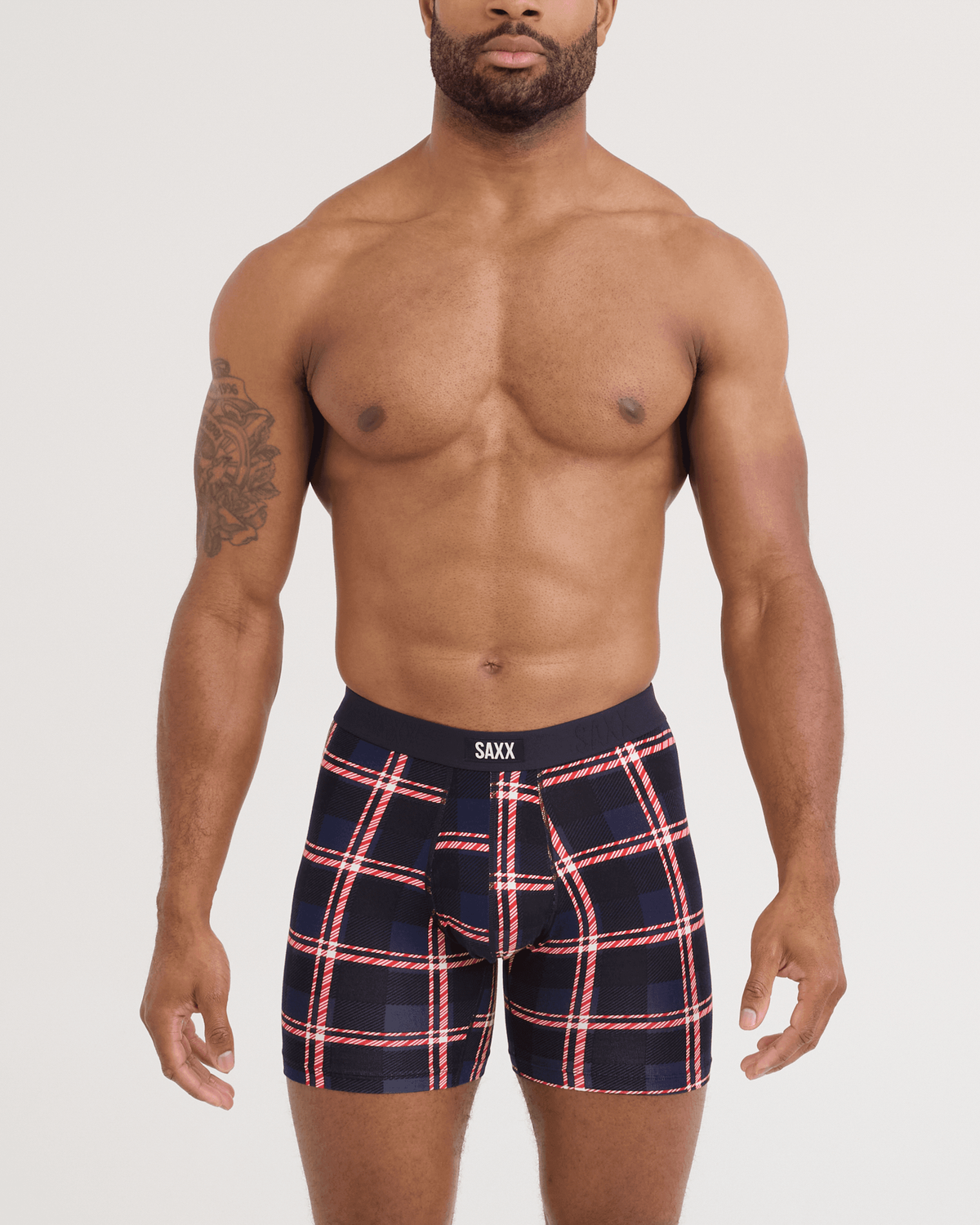 Front - Model wearing Vibe Xtra Soft Comfort Boxer Brief 2 Pack in Confection Plaid/Black