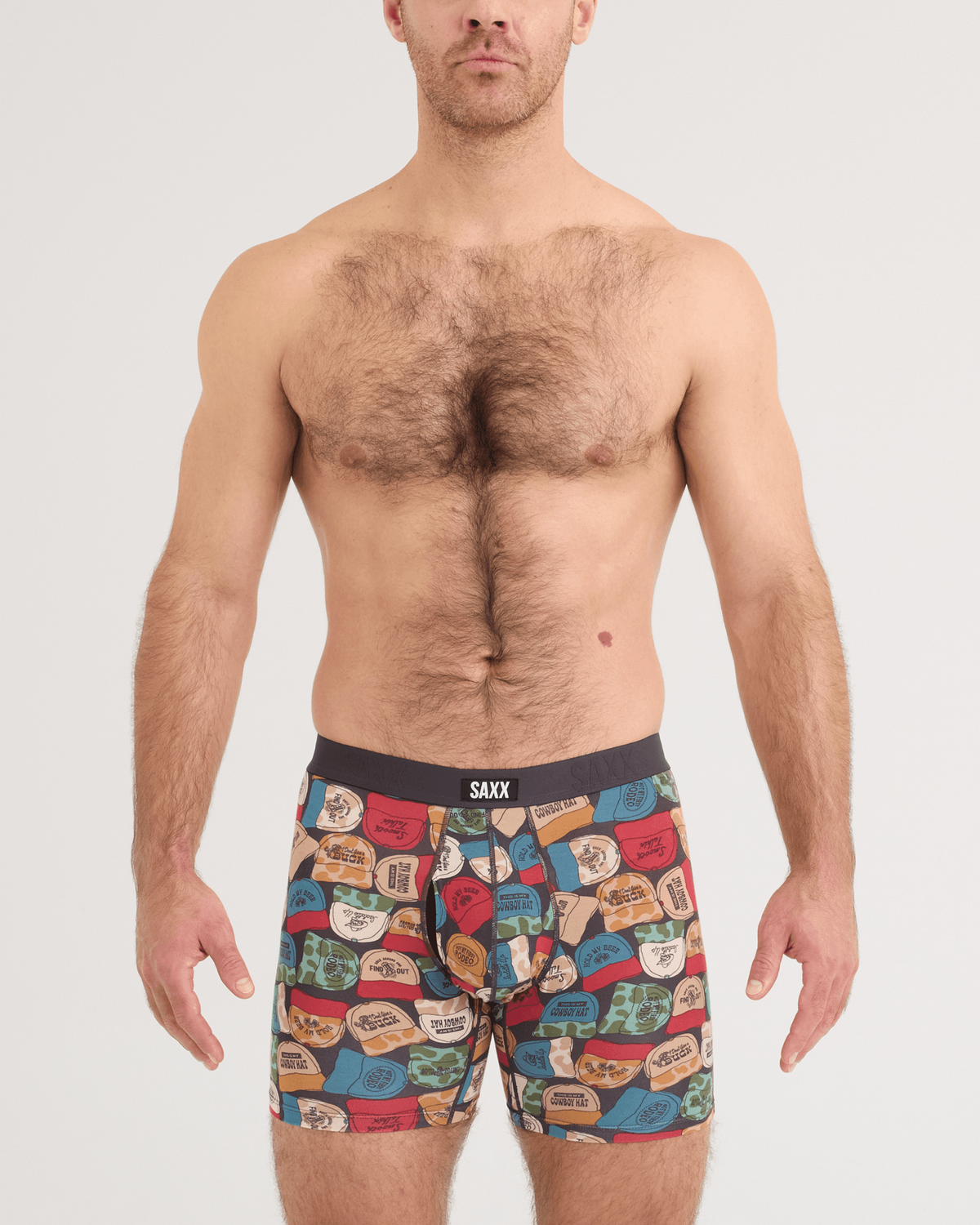 Front - Model wearing Vibe Xtra Soft Comfort Boxer Brief in Cowboy Hat-Faded Black