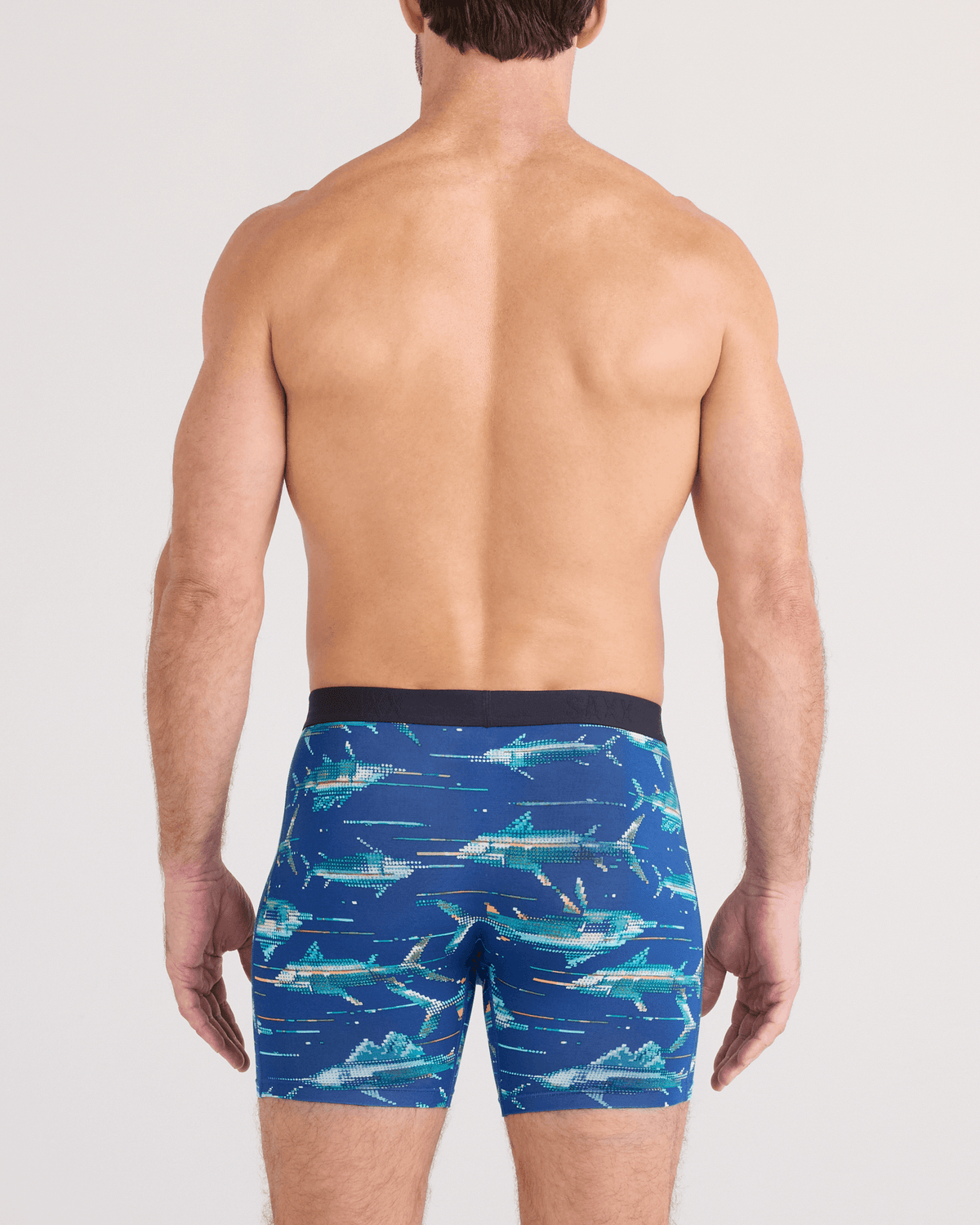 Back - Model wearing Vibe Xtra Soft Comfort Boxer Brief Fly in Digi Fish-Sapphire