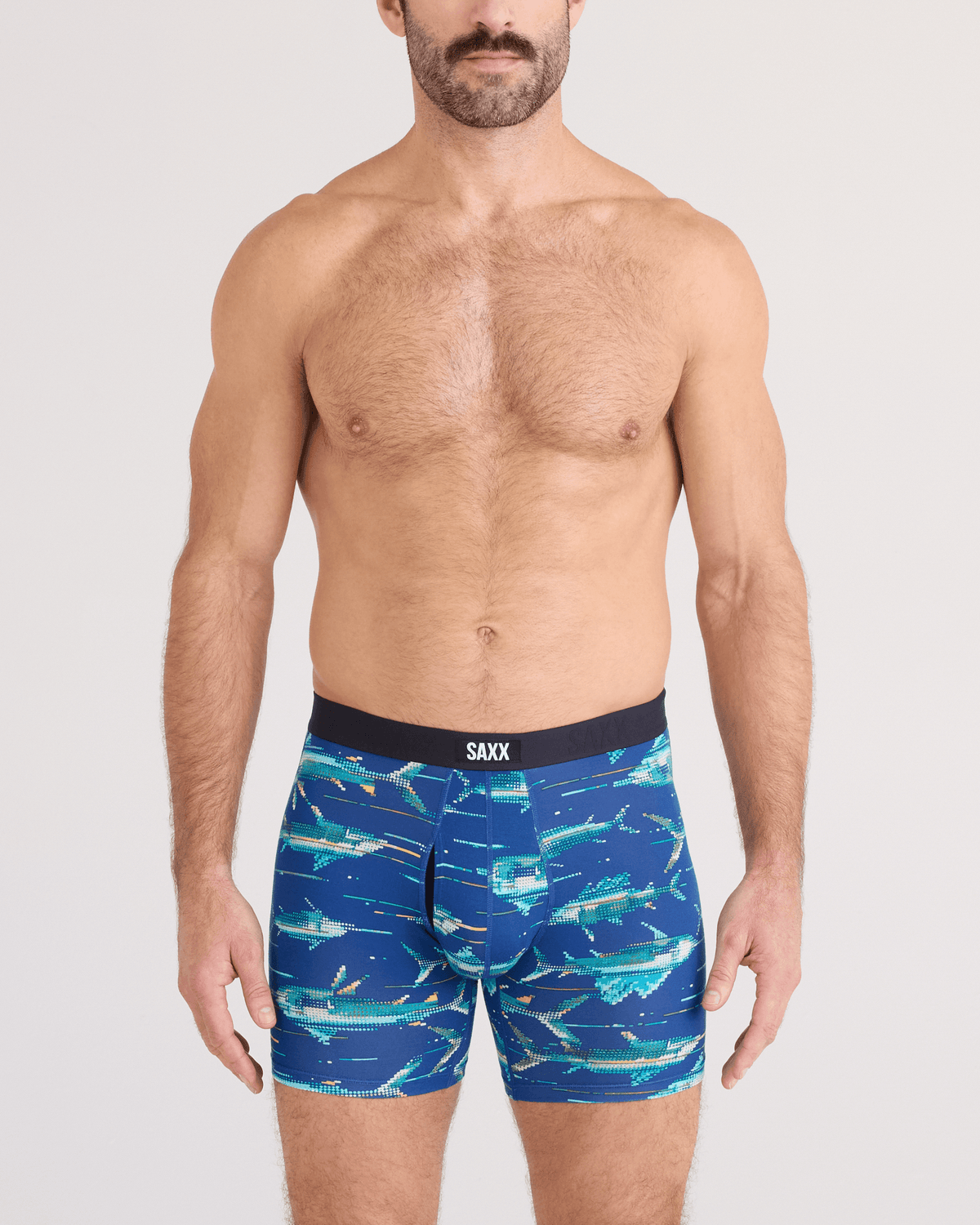 Front - Model wearing Vibe Xtra Soft Comfort Boxer Brief Fly in Digi Fish-Sapphire