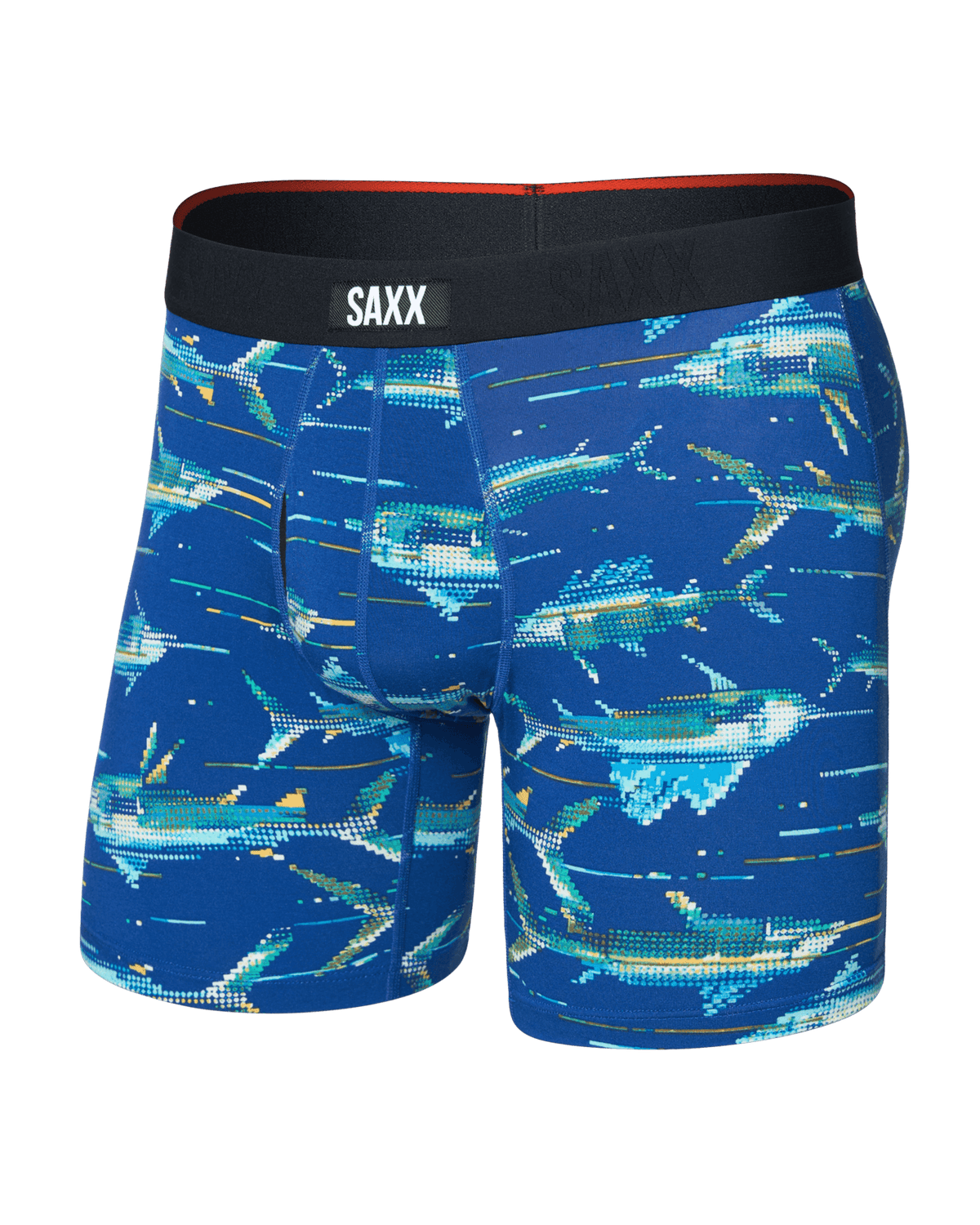 Front of Vibe Xtra Soft Comfort Boxer Brief Fly in Digi Fish-Sapphire