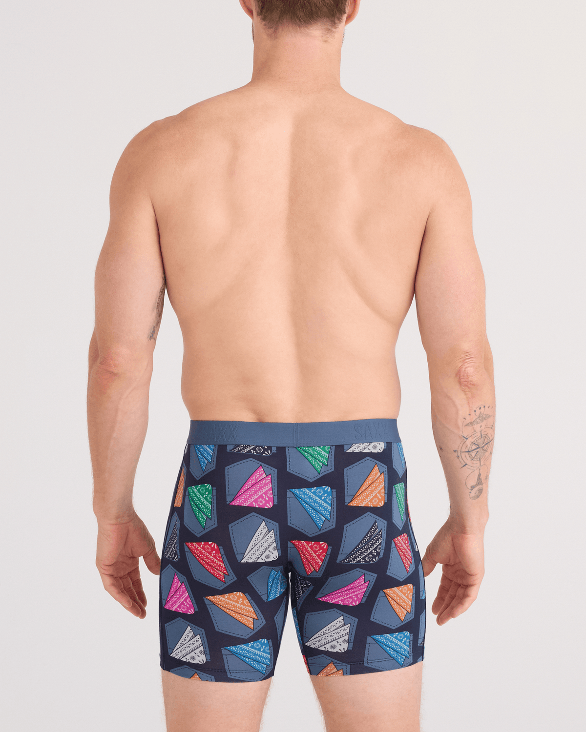 Back - Model wearing Vibe Xtra Soft Comfort Boxer Brief Fly in Hankerchief-India Ink