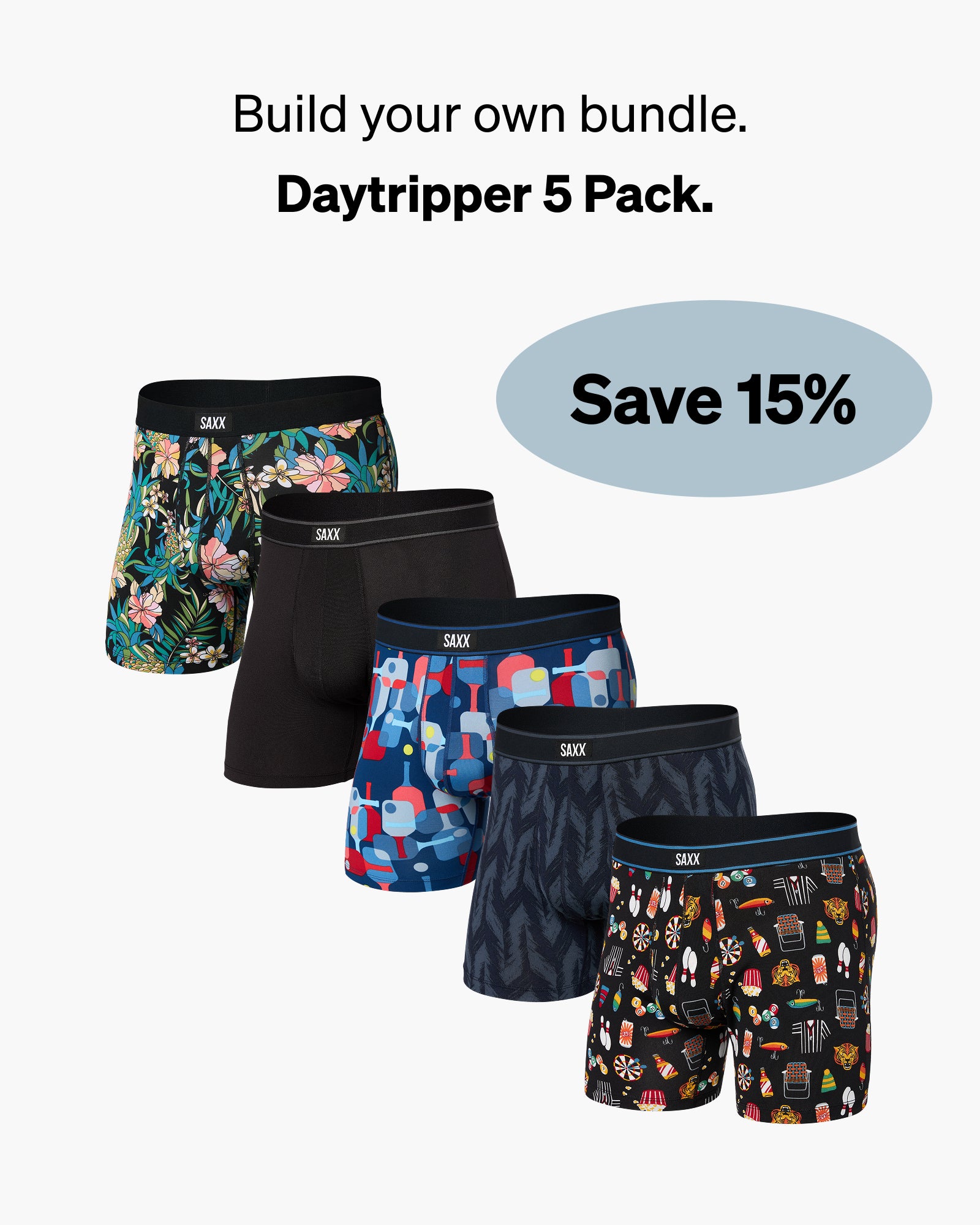 SAXX Daytripper 5-pack of men's boxer briefs with various colorful patterns. The image includes promotional text 'Build your own bundle. Daytripper 5 Pack. Save 15%'