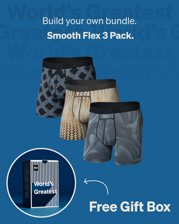 Build your own Smooth Flex 3-Pack bundle featuring three performance boxer briefs with a free World’s Greatest gift box included.