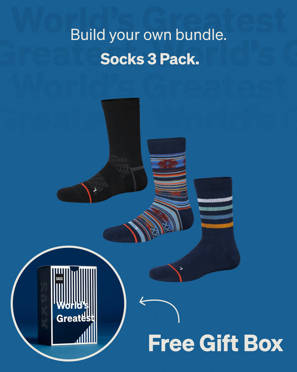 Build your own sock 3-Pack bundle featuring three crew socks with a free World’s Greatest gift box included.