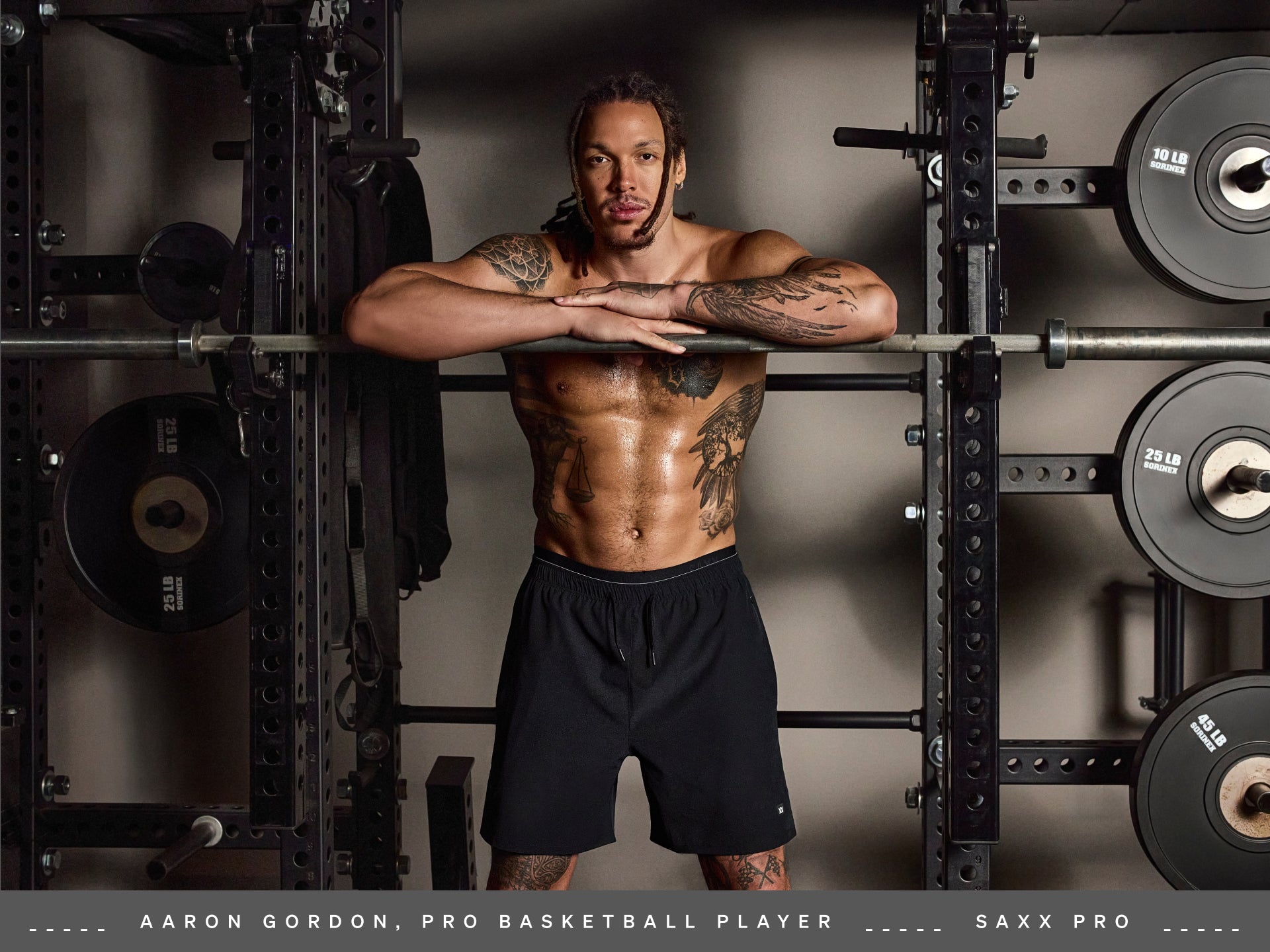 SAXX Gamechanger and Pro Basketball player Aaron Gordon wearing Power Moves Unlined Short in a gym