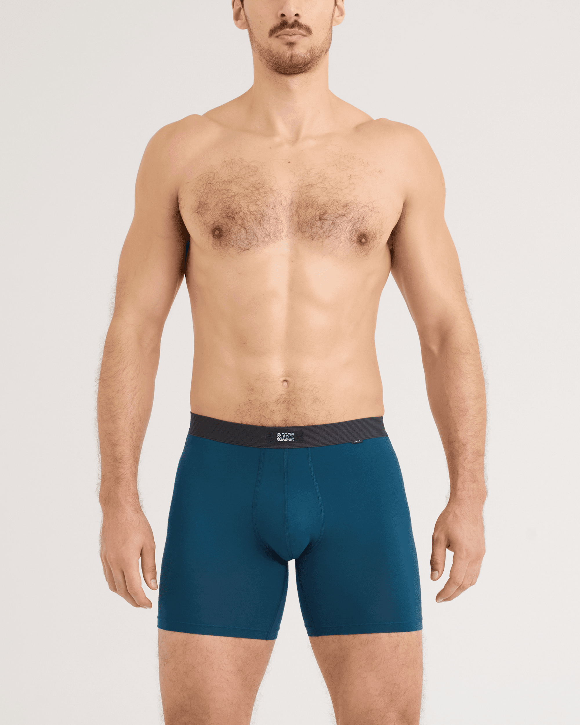 Front - Model wearing 24Seven Cotton Boxer Brief 3 Pack in Hurricane/Maroon/Navy
