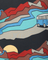 Colorful mountain landscape with a blue van and sunset.