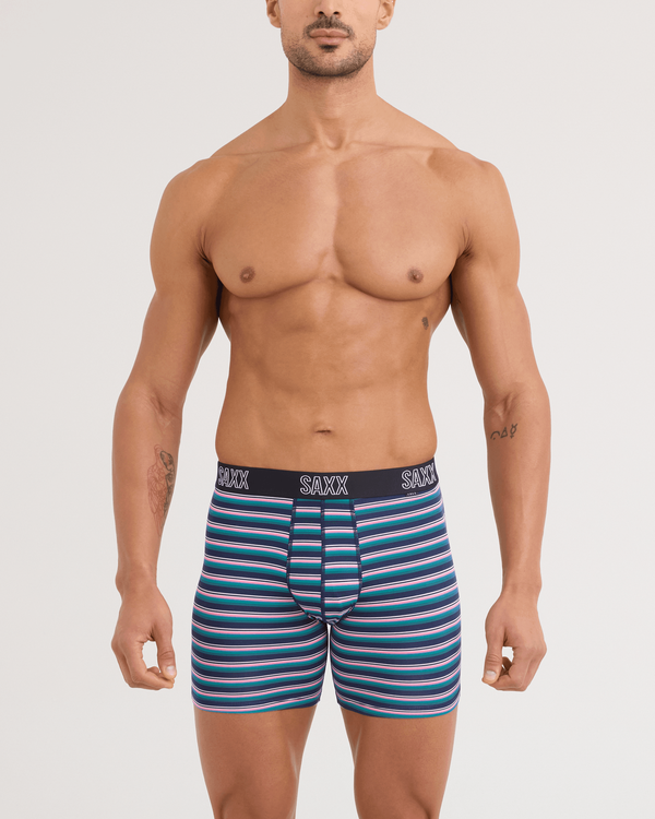 Front - Model wearing DropTemp All Day Cooling Boxer Brief in Micro Field Stripe-Navy