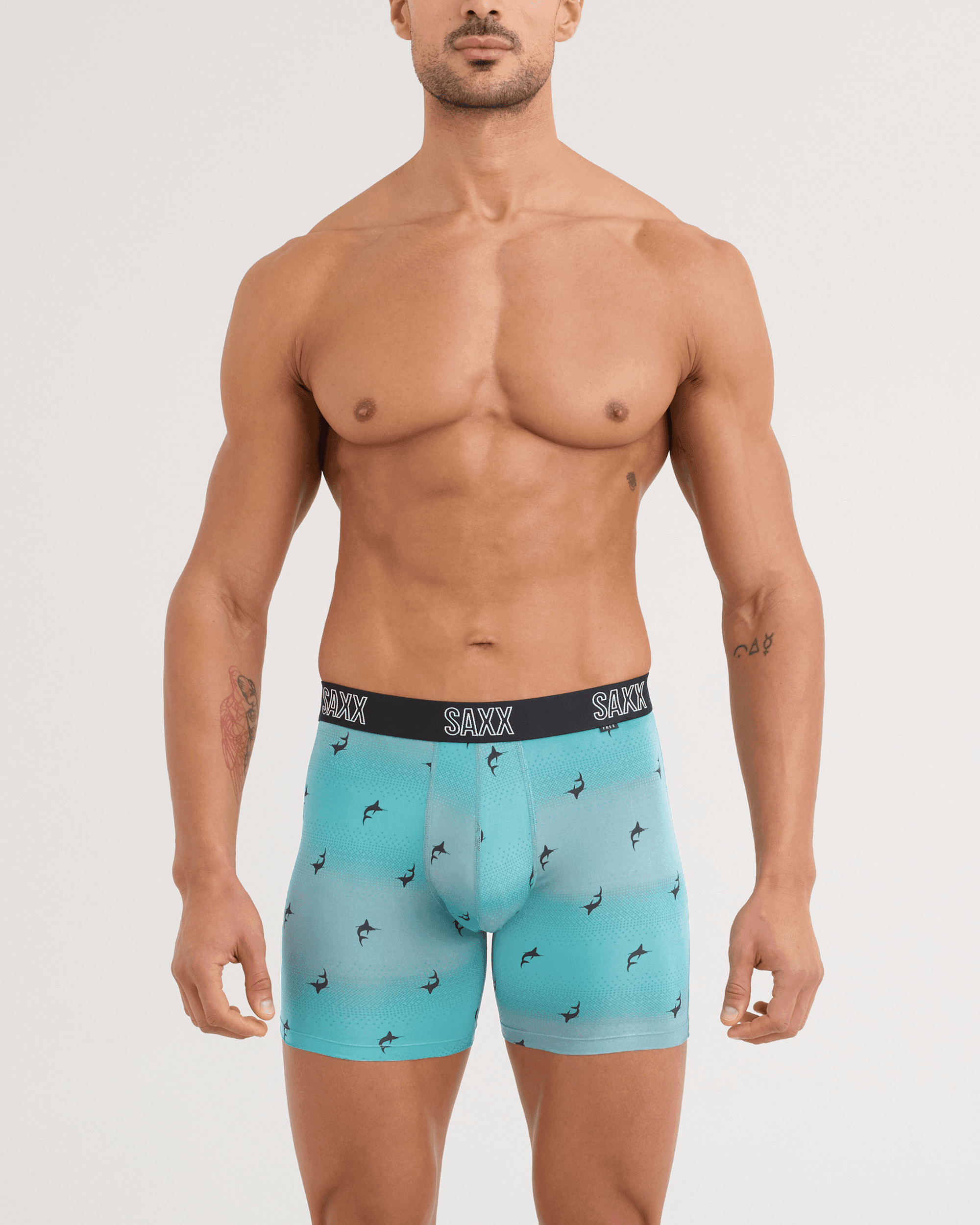 Front - Model wearing DropTemp All Day Cooling Boxer Brief in Sailfish Ombre-Turquoise