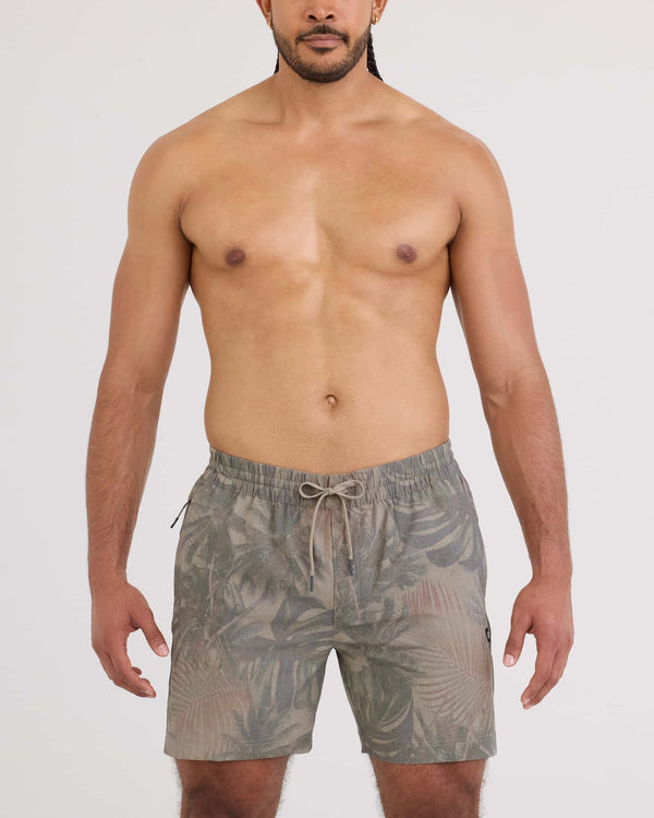 Front - Model wearing Sea To Shore 2N1 Volley Short 6" in Palm Canopy-Khaki