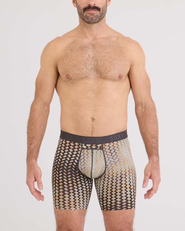 Front - Model wearing Smooth Flex Light Compression Long Boxer Brief in Lustre Weave-Faded Black