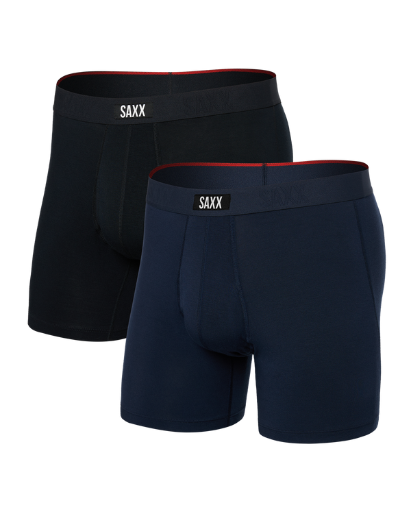 Front of  Vibe Xtra Soft Comfort Boxer Brief Fly 2 Pack in Black/Navy
