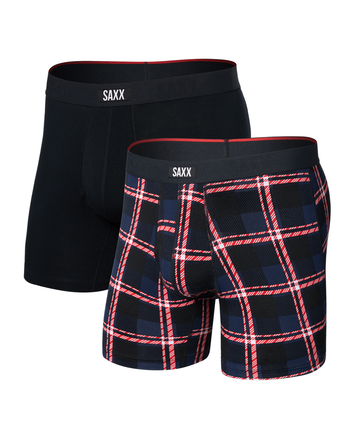 Front of Vibe Xtra Soft Comfort Boxer Brief 2 Pack in Confection Plaid/Black