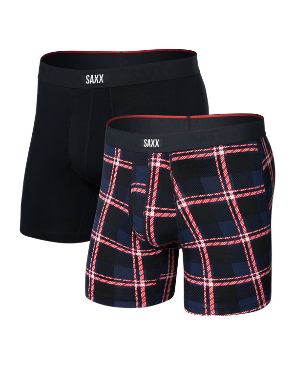 Front of Vibe Xtra Soft Comfort Boxer Brief 2 Pack in Confection Plaid/Black