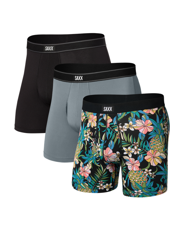 Front of Daytripper Comfort Stretch Boxer Brief 3 Pack in Pineapple Field/Tradewinds/Black