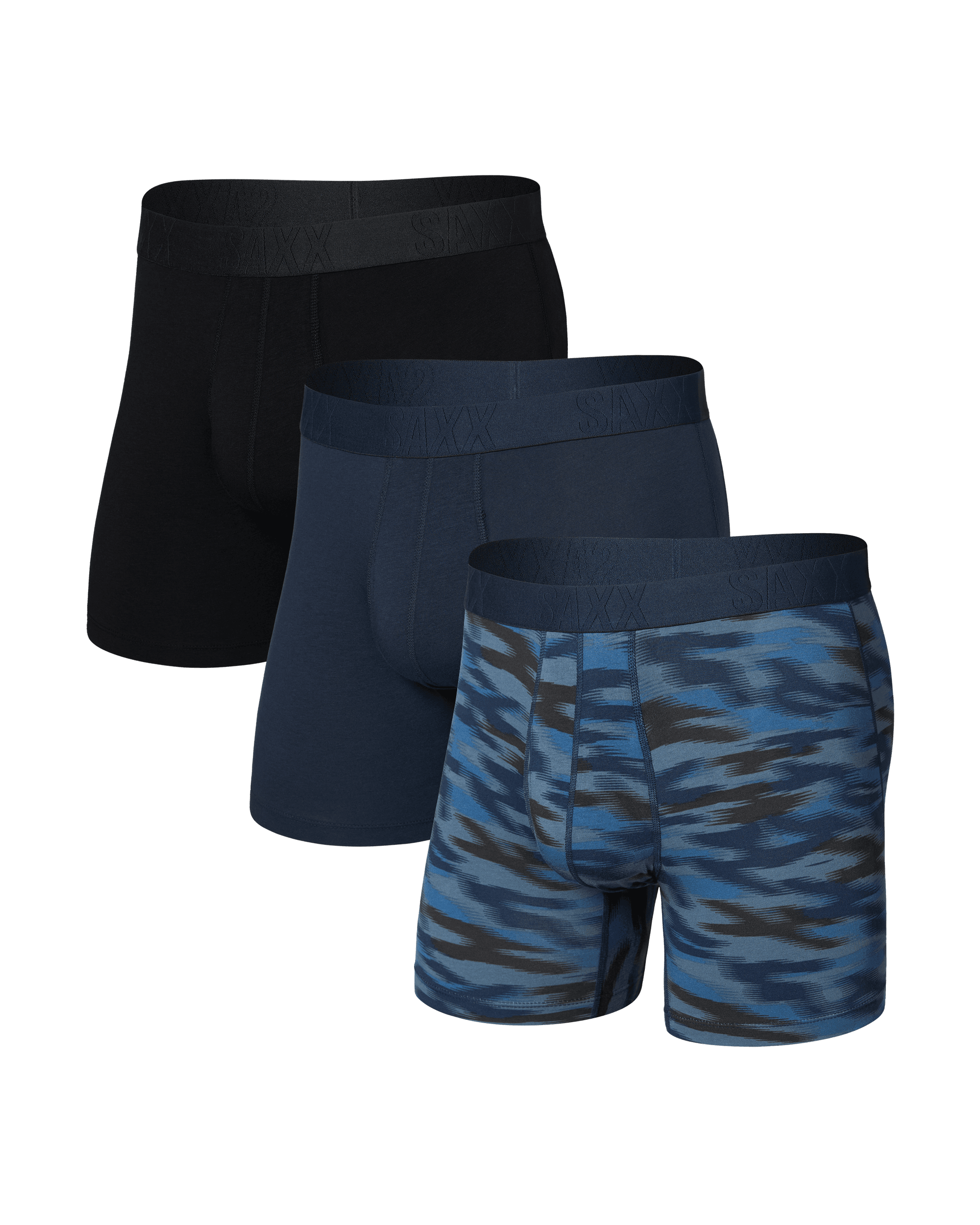 Front of DropTemp Cooling Cotton Boxer Brief 3 Pack in Swift Camo/Dark Ink/Black