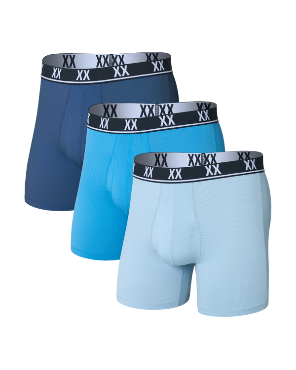 Front of Essential Performance Mesh Boxer Brief 3 Pack in Dark Denim/River Blue/Blue Fog