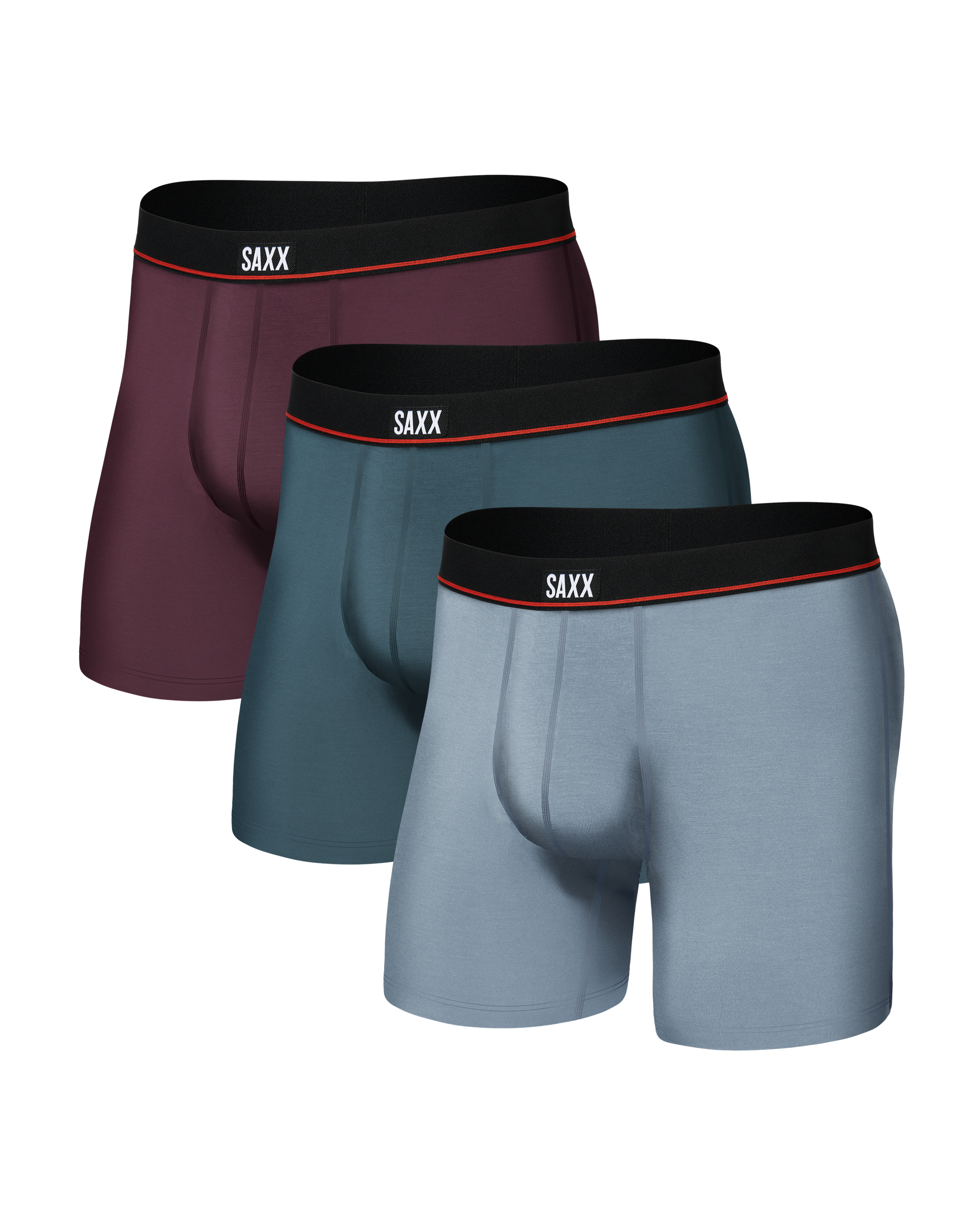 Front of Non-Stop Stretch Cotton Boxer Brief 3 Pack in Maroon/Storm Blue/Ashley Blue
