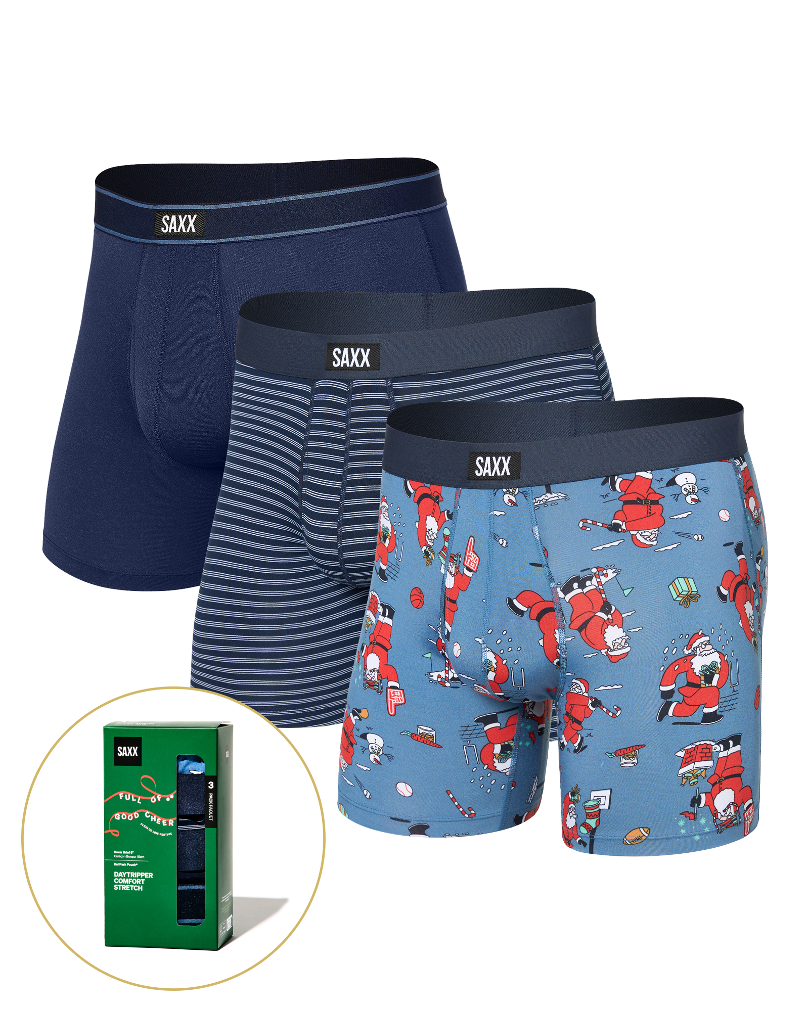 Front of  Daytripper Comfort Stretch Boxer Brief Fly 3 Pack in Santathalon/Stripe/Navy