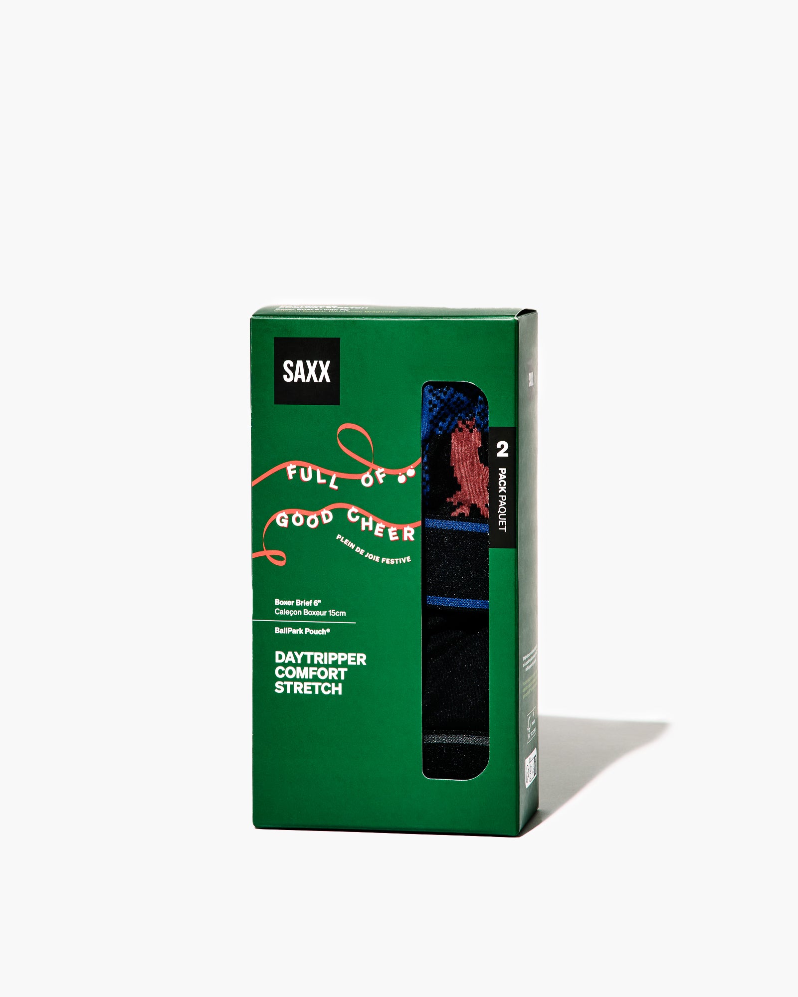 Green box of Saxx men's underwear with brand logo and product details on a white background