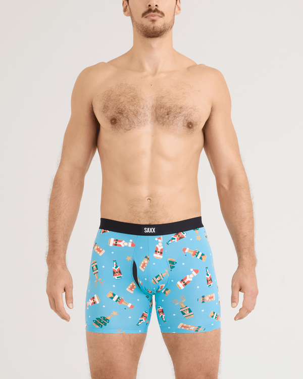 Front - Model wearing Daytripper Comfort Stretch Boxer Brief in Cheers To Beers-Blue Tide