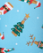 Christmas-themed beer fabric pattern with trees, presents, and reindeer on a blue background.