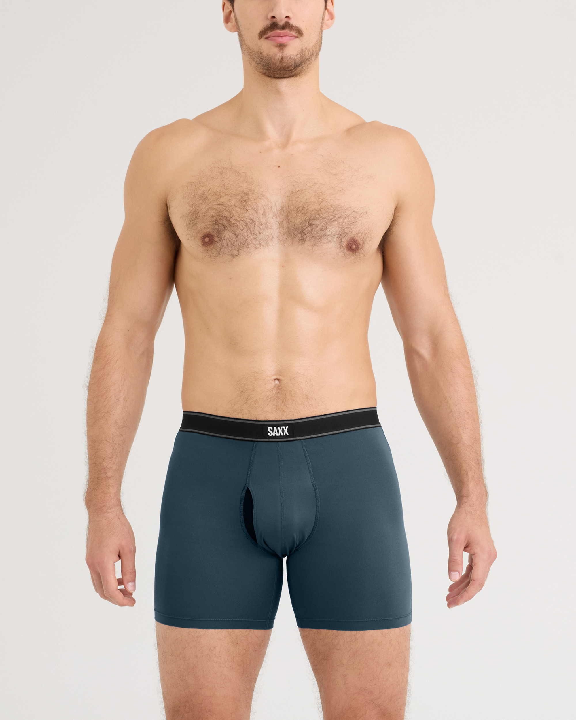 Front - Model wearing Daytripper Comfort Stretch Boxer Brief 3 Pack in Navy/Storm Blue/Silver Pine