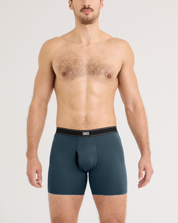 Front - Model wearing Daytripper Comfort Stretch Boxer Brief 3 Pack in Navy/Storm Blue/Silver Pine