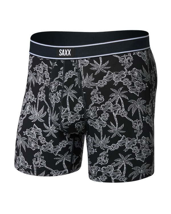 Front of Daytripper Comfort Stretch Boxer Brief Fly in Tropical Tattoo-Black