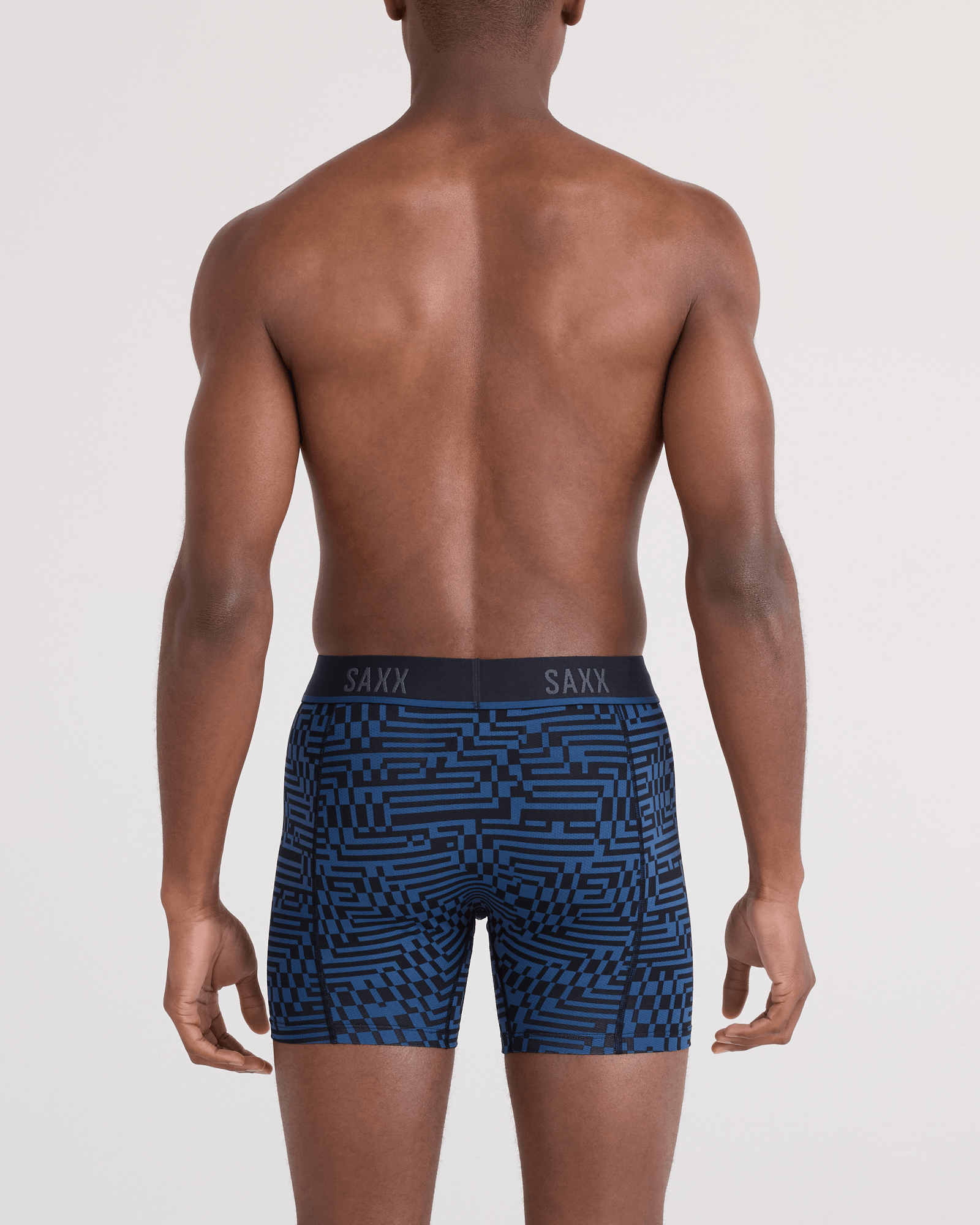 Back - Model wearing  Kinetic Light-Compression Mesh Boxer Brief in Maze Camo-Navy Dawn