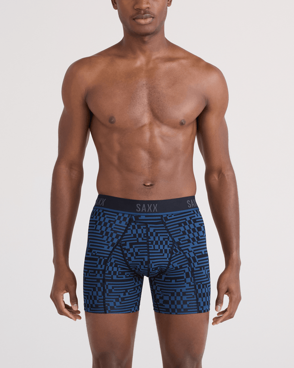 Front - Model wearing  Kinetic Light-Compression Mesh Boxer Brief in Maze Camo-Navy Dawn