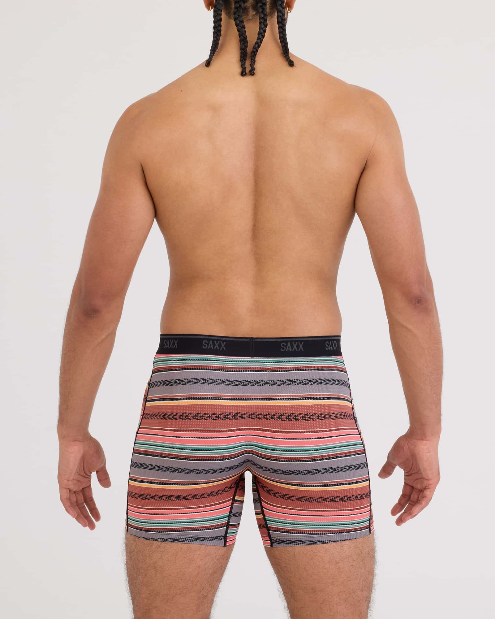 Back - Model wearing Quest Quick-Dry Mesh Boxer Brief Fly in Globetrekker Stripe-Multi